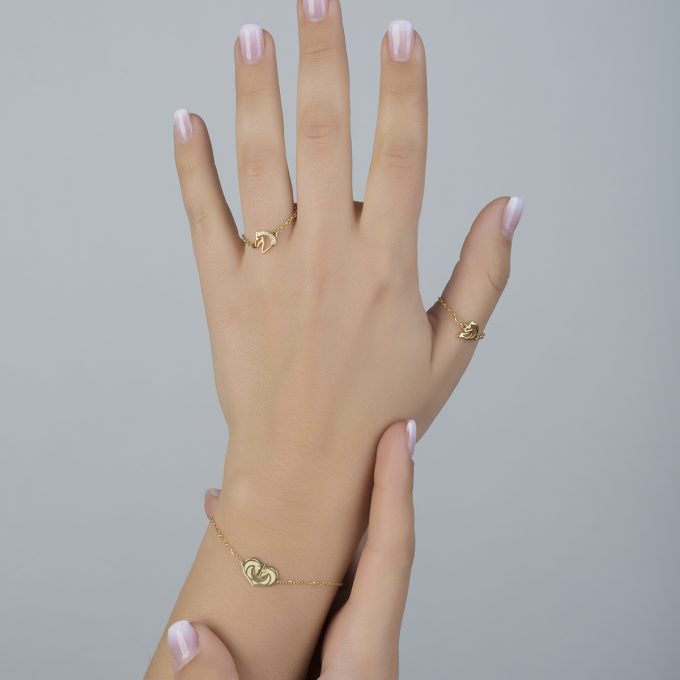 Two Horses One Heart In Half Diamond - Yellow Gold Ring 