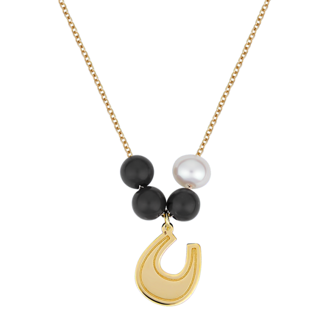 Black and White Lucky Horseshoe - Yellow Gold Necklace