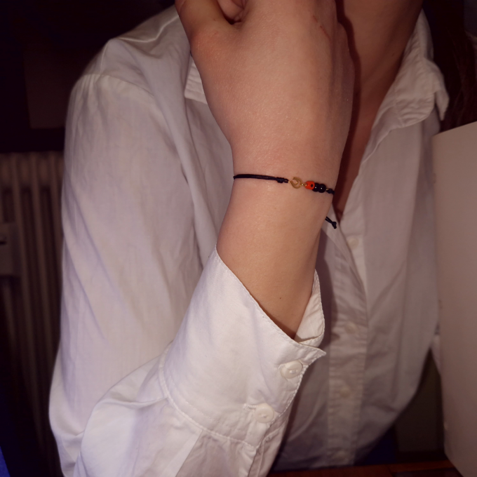 Nice and Easy Onyx and Orange Evil Eye-Horseshoe Yellow Gold Bracelet