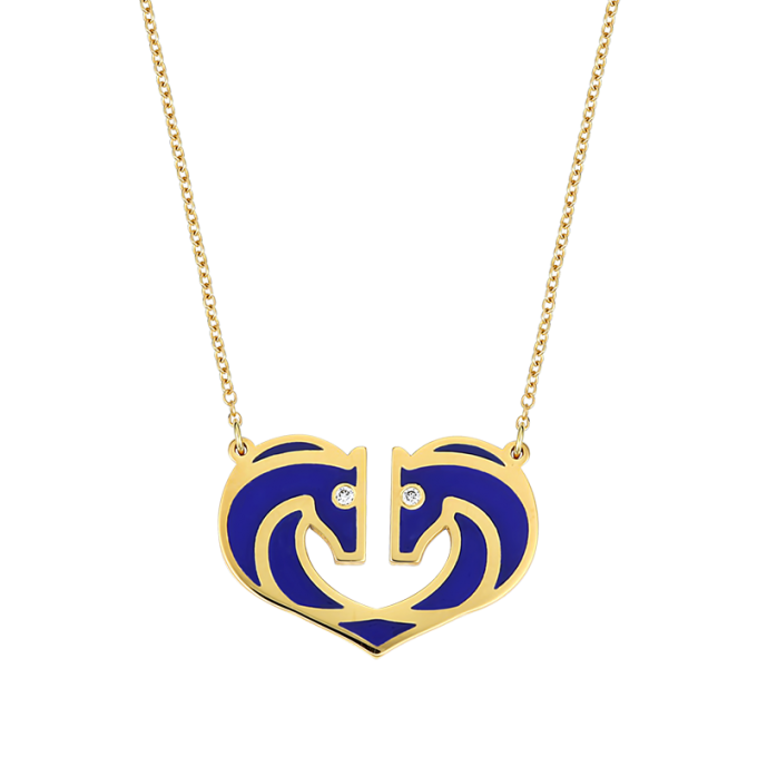 Two Horses One Heart Blue Ceramic - Yellow Gold Necklace 