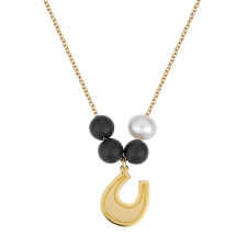 Black and White Lucky Horseshoe Yellow Gold Necklace / Equestrian / Equine